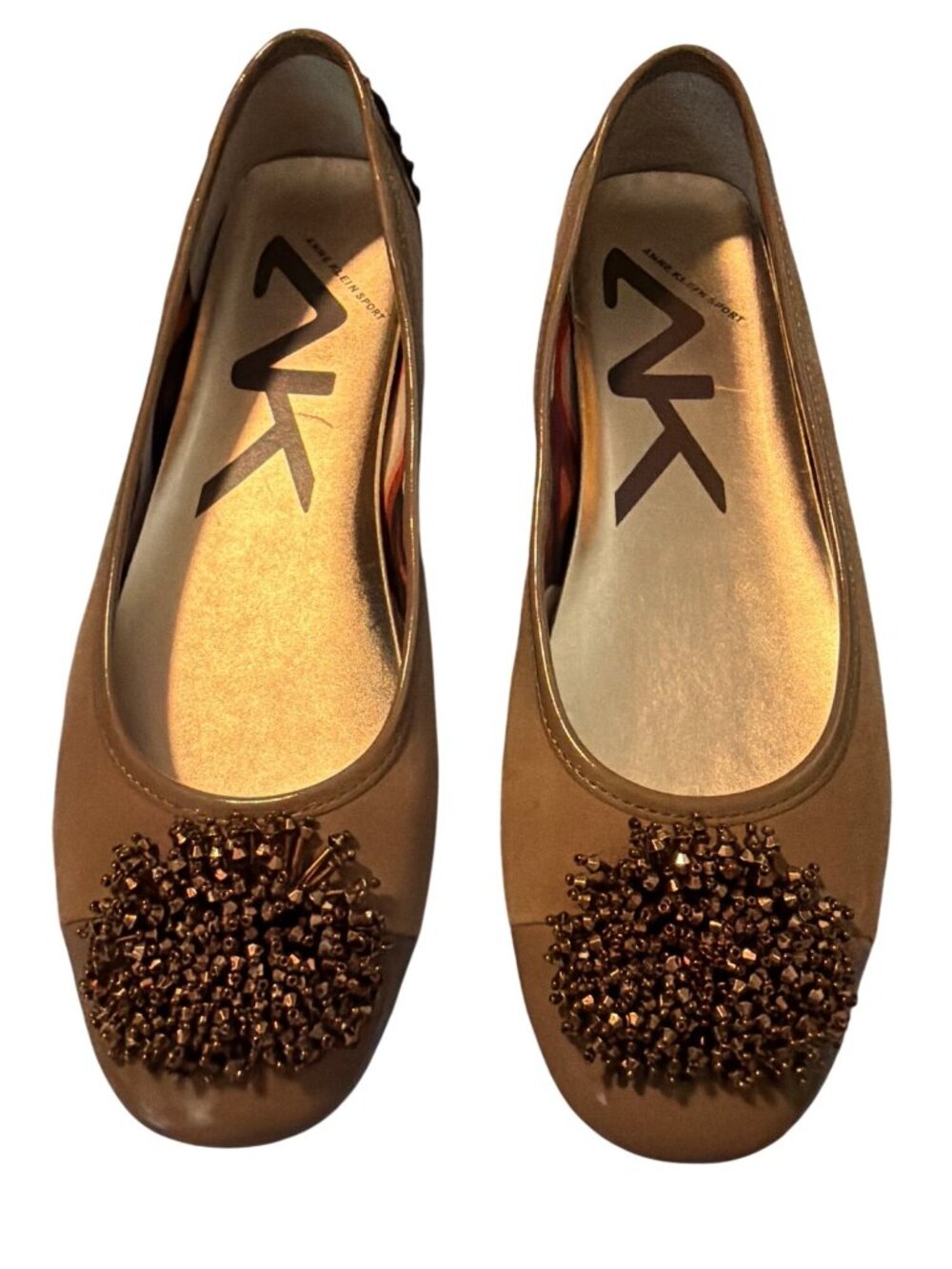 Anne Klein AK Sport Leather Tan Flats Driving Shoes Seed Bead Tassels Size 9